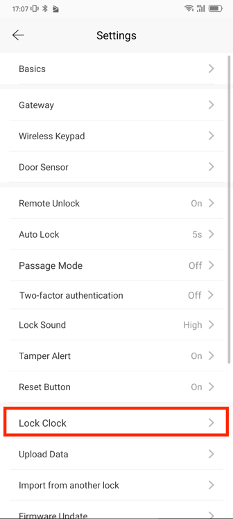 TTLock - Lock Settings - Lock Clock